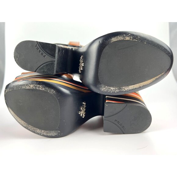 Prada Patent Striped Wedge Sandal, Cognac size 8.5 - Picture 15 of 16